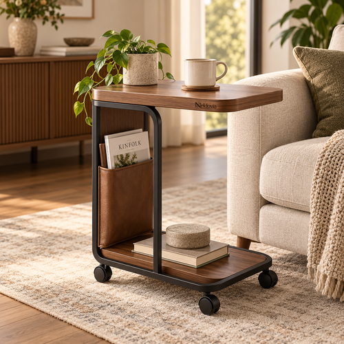 Neldovia RollEdge Mobile Sofa Side Table with Storage Pocket
