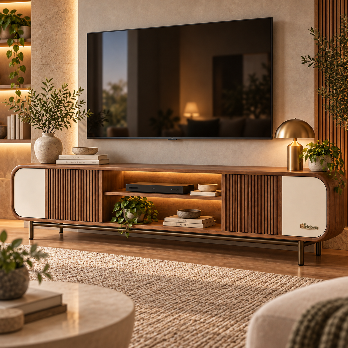 Neldovia HaloSlat Media Console with Open Display Storage