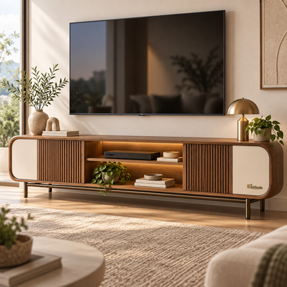 Neldovia HaloSlat Media Console with Open Display Storage