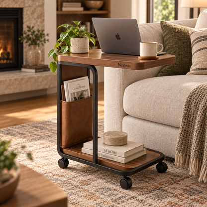 Neldovia RollEdge Mobile Sofa Side Table with Storage Pocket